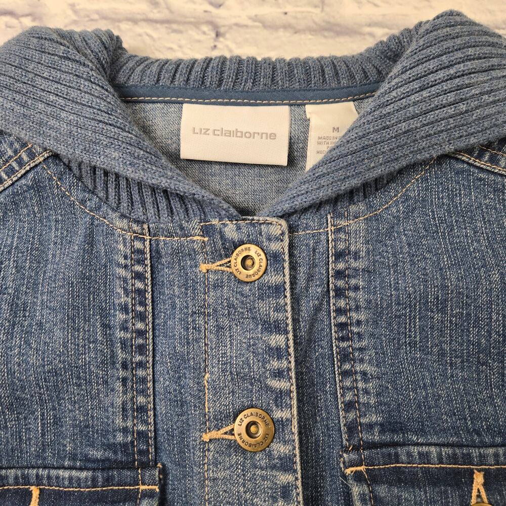 Liz Claiborne Denim Jean Jacket Knit Sleeves Shawl Collar Pocket Cuff Trim sz 14 - Picture 12 of 16